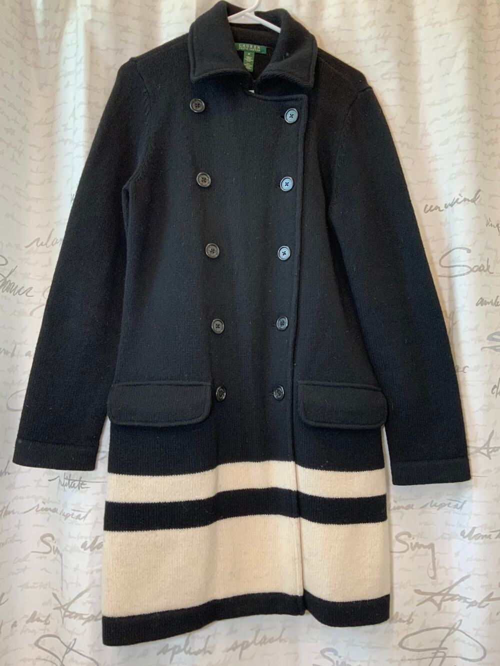 Lauren Ralph Lauren 100% Lambswool Black Long Pea Coat Beige Trim Size M Peacoat